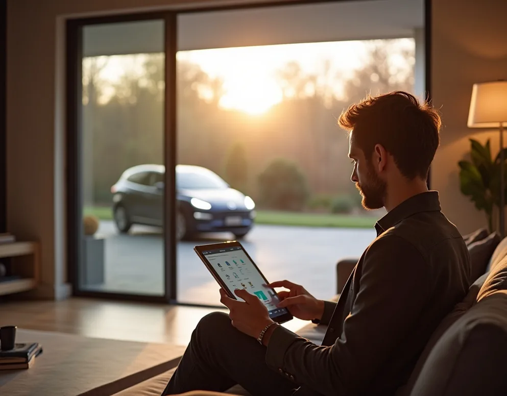 A contemporary Italian architect studying a smart home tablet in a bright open living room at dawn