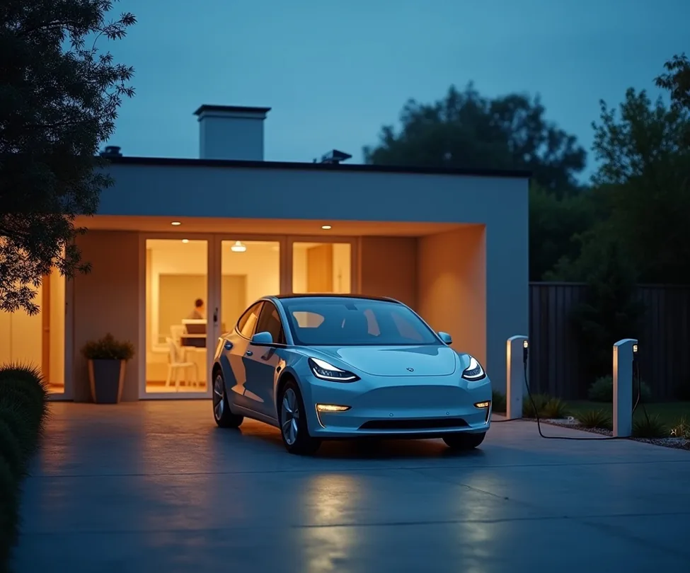 A family arriving home in the evening in an electric car pulling into a modern minimalist driveway