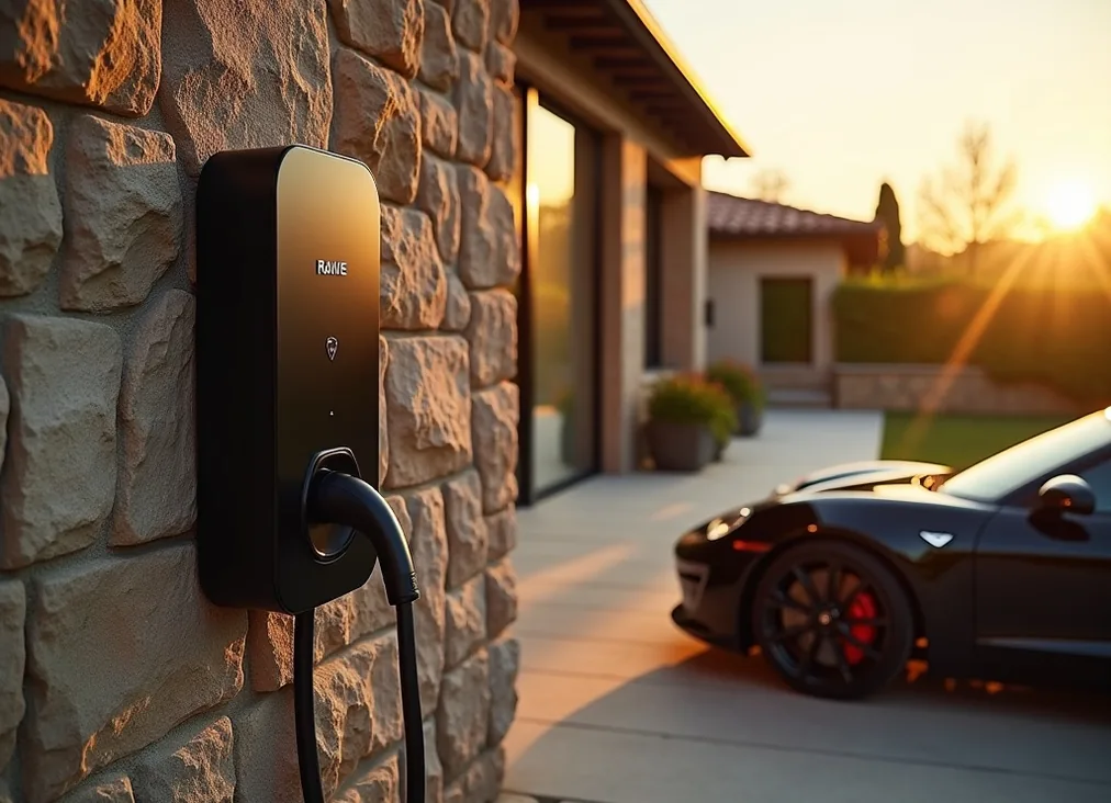 Sleek luxury EV charger mounted on the stone wall of a modern Tuscan villa at golden hour