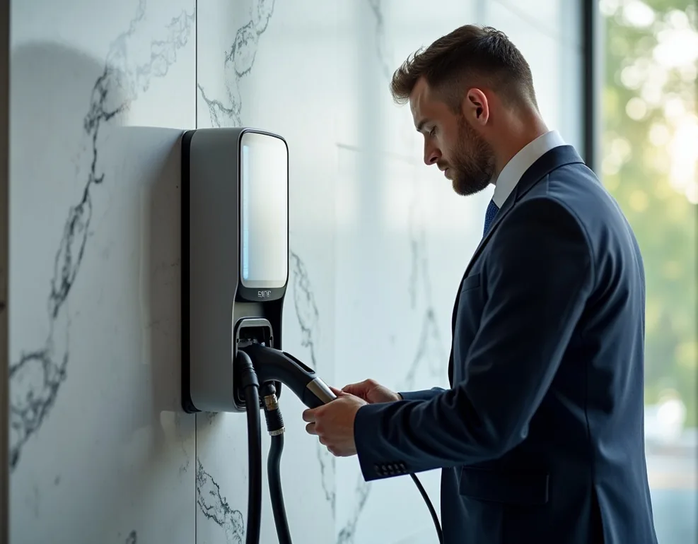 A technician in a tailored uniform installing a titanium EV charging station on a marble clad wall