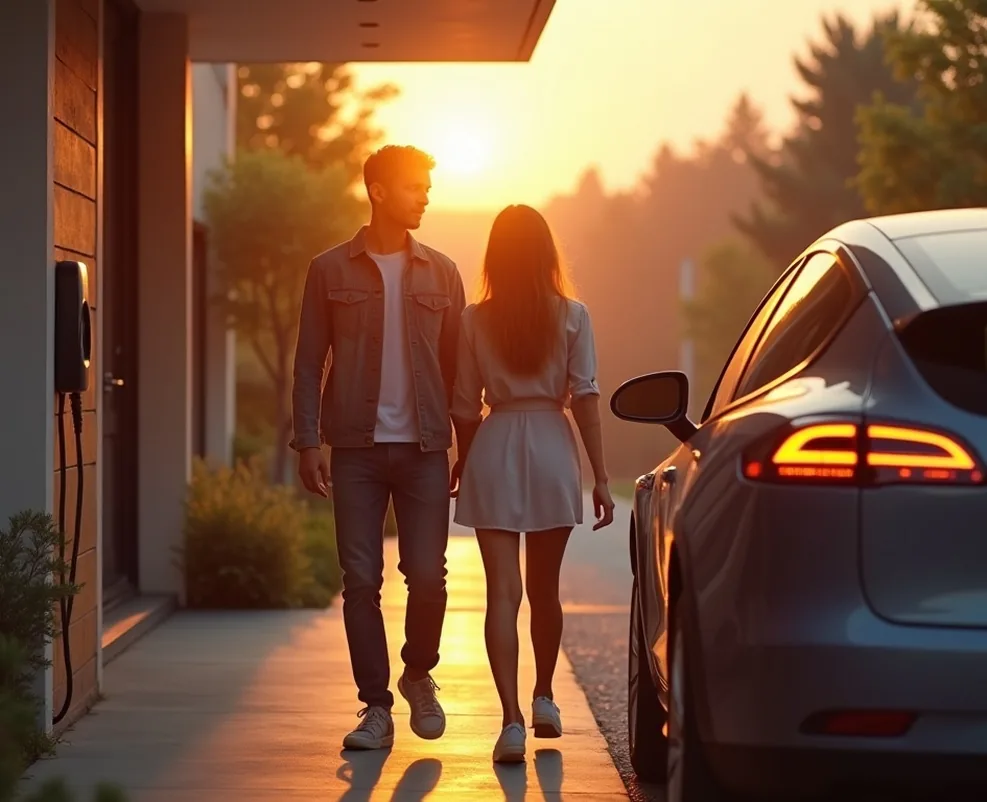 A young couple leaving their modern home in the morning glancing at the glowing charger status light