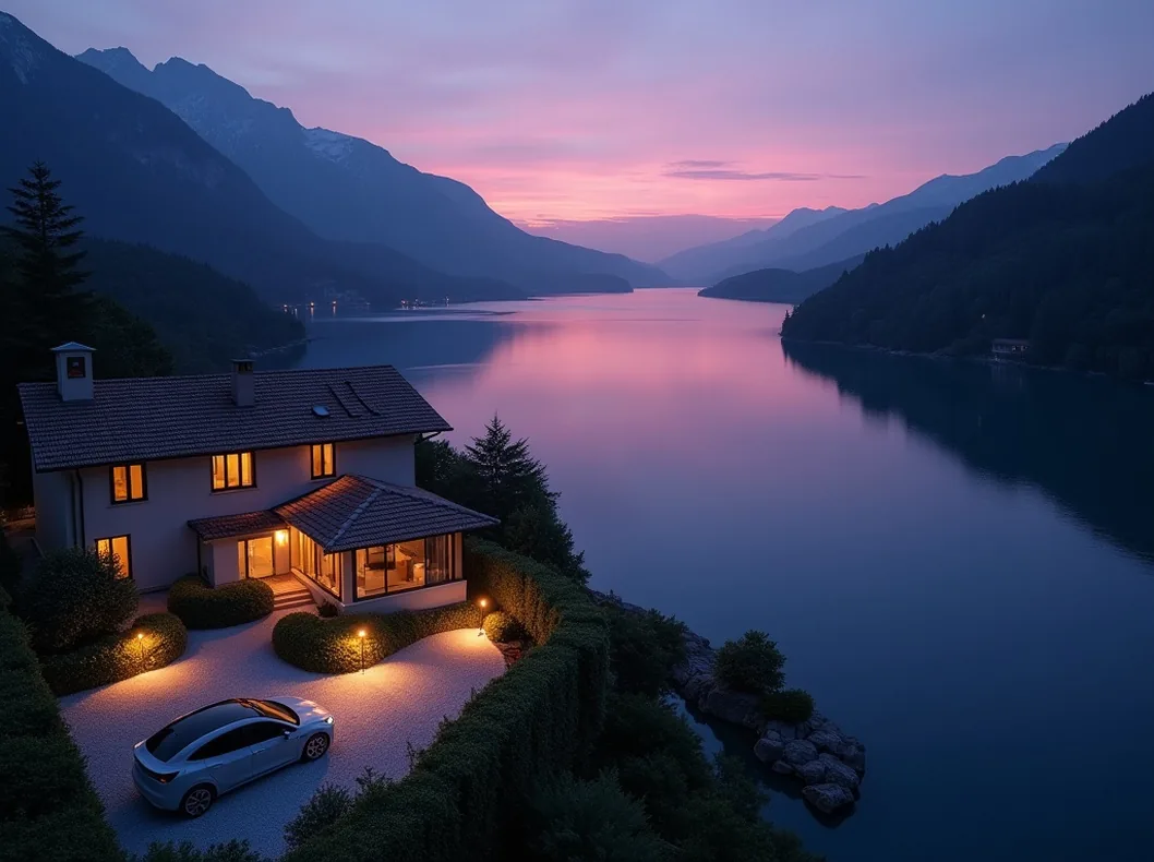 Aerial dusk view of a luxury lakeside villa in northern Italy with an illuminated charging station