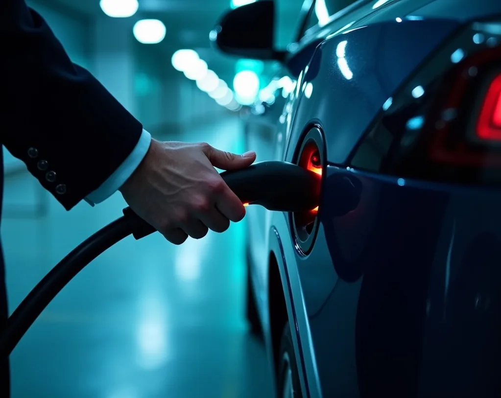Close-up of well dressed hands plugging a premium charging cable into an electric car in a minimal setting