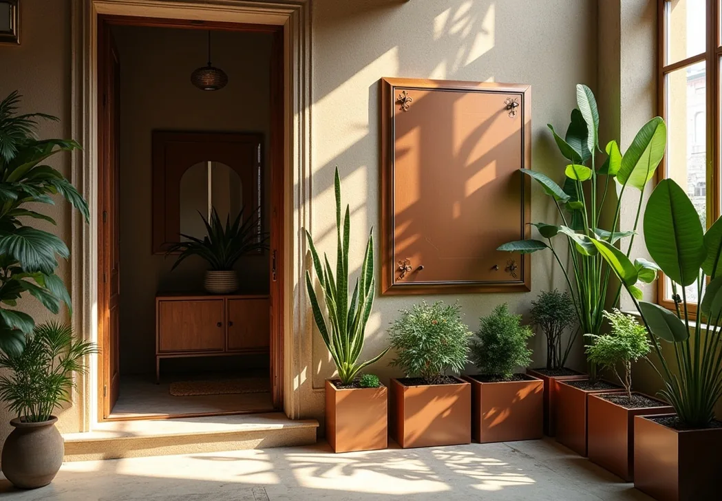 Interior designer arranging plants near a copper heritage wallbox integrated into a stylish Milanese home