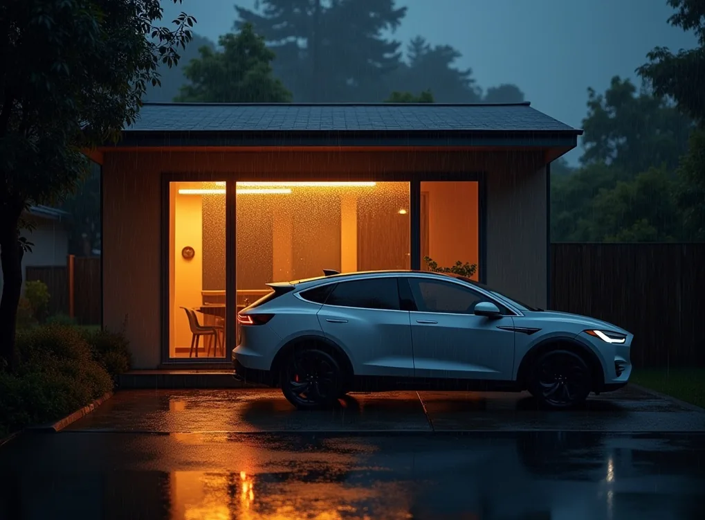Rainy evening scene with a designer wallbox glowing softly on a modern house exterior with rain droplets