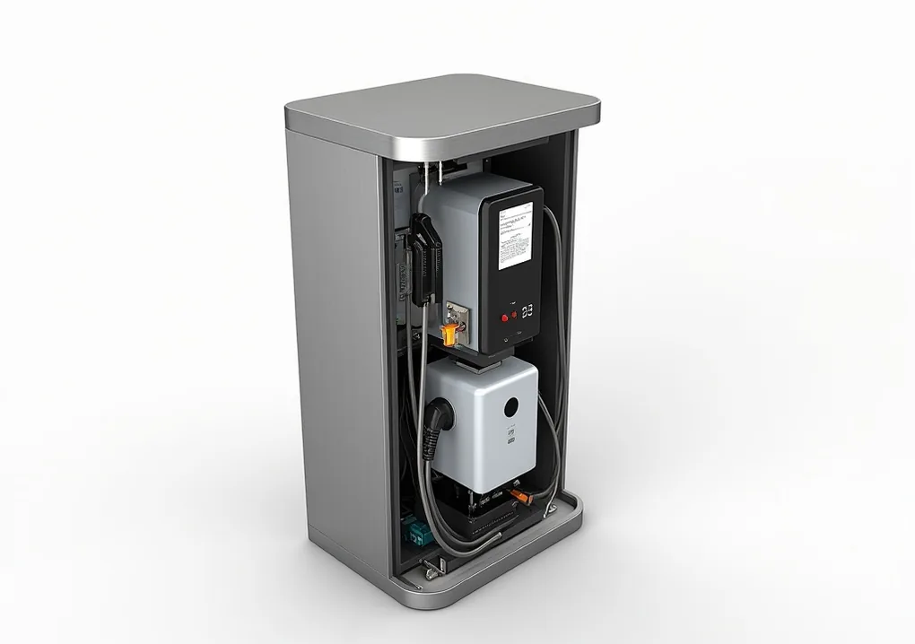 Cutaway view of a brushed titanium EV charging station revealing internal load management