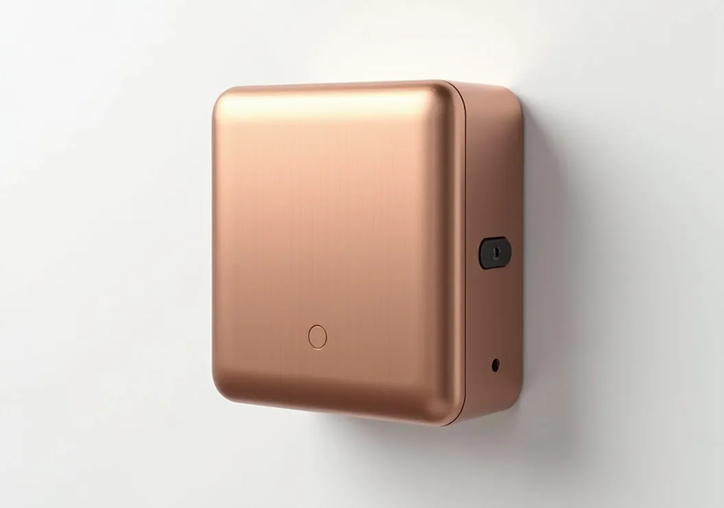Three quarter angle shot of a hand brushed burnished copper wallbox charger with proximity sensor